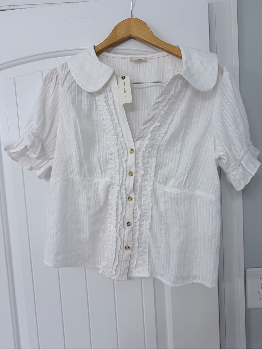 Anthropologie Pilcro White Ruffle Button Front Blouse NWT Size L